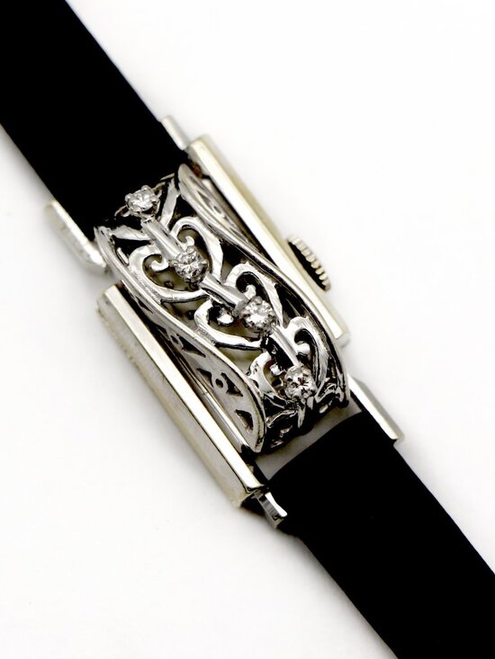 LeCoultre 14k White Gold Hidden Watch w/ Diamond Floral Leaf Dome